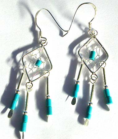 Southwest style jewelry - 925 turquoise bead sterling silver earring with dream catcher
