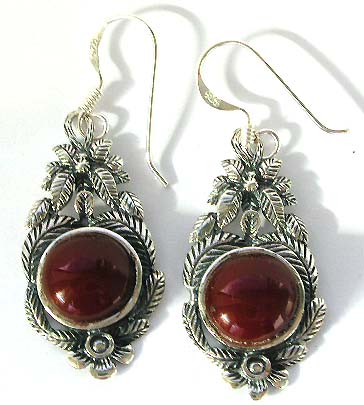 Silver jewelry wholesale - rounded carnelian stone sterling silver earring with leaf motif