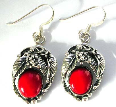 Lady jewelry wholesale - leaf motif sterling silver earring with red stone