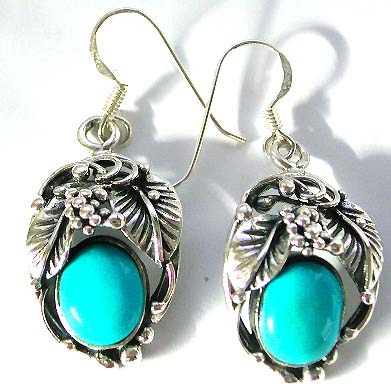 Unusual gift - turquoise stone sterling silver earring with leaf motif