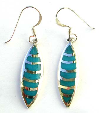 turquoise earring, blue turquoise inlay and silver lines in olive shape