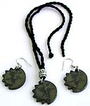 Fashion Bali silver beaded black cotton cord necklace and earring set with hematite sun moon pendant, silver bead CAD slide up or down to adjustable fit 