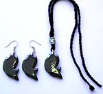 Fashion Bali silver beaded black cotton cord necklace and earring set with hematite fish pendant, silver bead can slide up or down to adjustable fit 