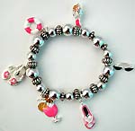 Bali silver beads forming fashion stretchy charm bracelet with 6 color pattern, slipper, cocktail, sun glass, safety board, and high-heel shoe