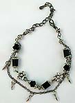 Flower motif double black chain fashion bracelet with black glass bugle beads connected
