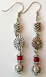 Bali silver rounded beads and shell pattern fashion fish hook earring with a rounded red faux stone embedded