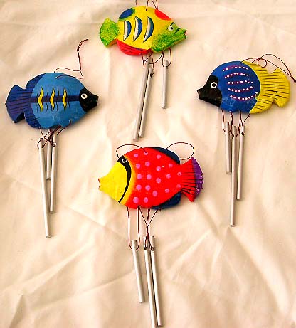 Contemporary metal windchime - assorted color wood carving fish windchime with metal pipe