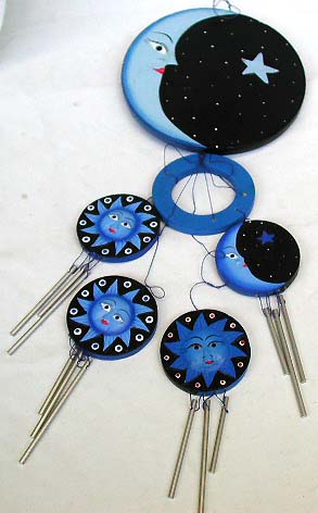 Celestial gift wholesale supply - Blue sun moon star on rounded wooden black disk fashion windchime with 4 small sun mmon disk holding metal pipe attached on bottom