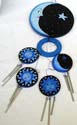 Blue sun moon star on rounded wooden black disk fashion windchime with 4 small sun mmon disk holding metal pipe attached on bottom