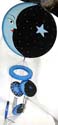 Blue sun moon star on rounded wooden black disk fashion windchime with 4 small sun mmon disk holding metal pipe attached on bottom