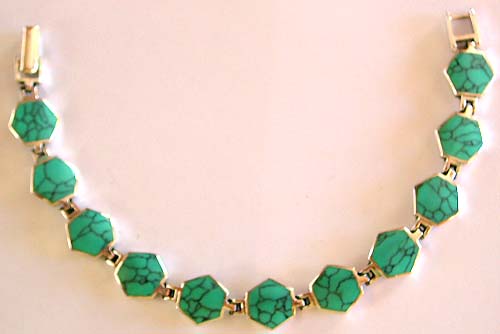 turquoise jewelry sale - Octagonal pattern design genuine green turquoise stone embedded sterling silver bracelet