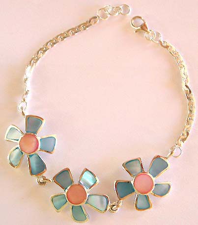 Flat chain sterling silver bracelet with all blue / blue and pink color mother of pearl seashell embedded 3 flower pattern design in middle