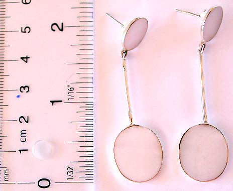 Exporter of silver stone jewelry wholesale sterling silver earring with 2 oval shape white seashell mother of pearl embedded, one on top and one at bottom