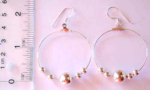 Large circular loop pattern design fish hook sterling silver earring with 5 silver beaded 
