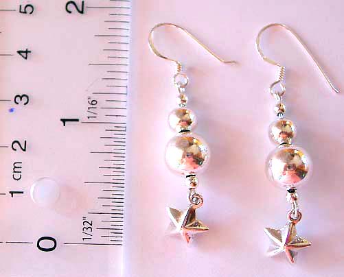 Triple spinning bead pattern design fish hook sterling silver earring with a mini star hanging on bottom