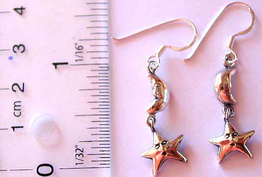 Moon star pattern design fish hook sterling silver earring