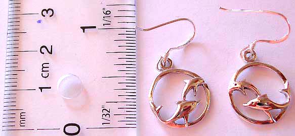 Double dolphin in circle design fish hook sterling silver earring