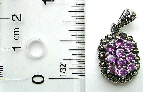 Multi marcasites surrounded multi mini purple cz central pattern design sterling silver pendant