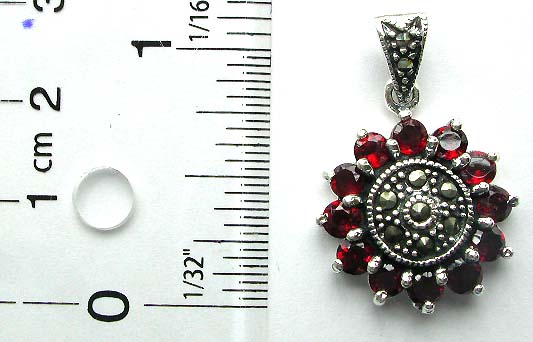 Multi mini red garnet stone forming sun flower pattern sterling silver pendant with marcasites embedded center
