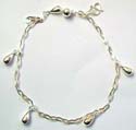 Mini loop-locked pattern forming sterling silver anklet with 5 water-drop pattern hanging on, a bell at the end