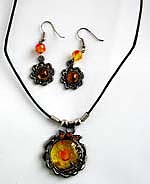 Cotton black rounded cord fashion necklace and earring set with rounded imitation amber