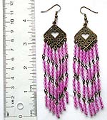 Fashion earring with metal cut-out heart shape pattern holding multi purple color beaded dangle