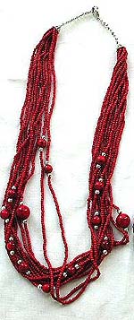Tibetan style, tribe multi mini red beaded strings fashion necklace embedded with bigger red bead along the strings