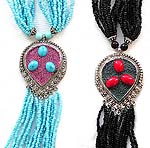 Tibetan style, tribe fashion necklace with multi blue beaded strings and up-side-down blue beaded tear-drop shape pendant