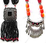Tibetan style, red beaded strings tribe fashion necklace with imitation amber stone and metal pendant
