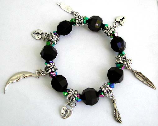 Multi black facet beads and silver beaded fashion charm stretchy bracelet with assorted design figure, leaf, lock, and moon