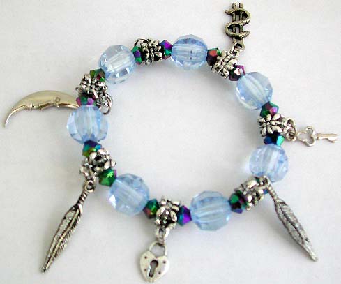 Multi light blue facet beads and silver beaded fashion charm stretchy bracelet with assorted design figure, leaf, key, lock, moon and dollar sign 