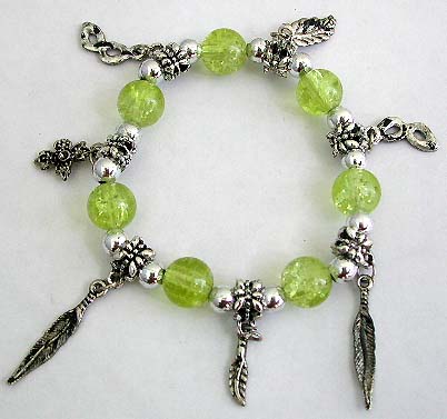 Green round beads and silver beads forming stretchy fashion charm bracelet with assorted design figure, leaf, cross and butterfly 