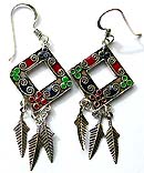 Assorted enamel colored central-empty sterling silver earring holding leaf pattern on bottom