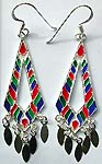 Assorted enamel colored central-empty sword-end pattern sterling silver earring holding oval pattern on bottom