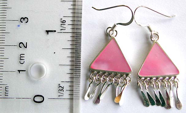 Sterling silver earring with a triangular pink mother of pearl seashell inlay and multi silver dangles hanging on bottom

