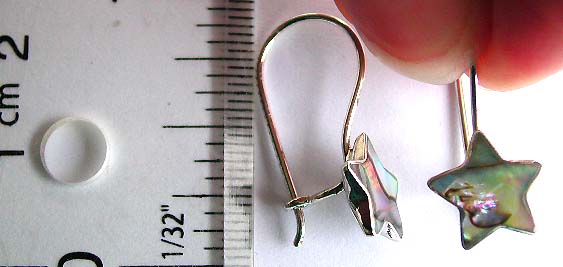 Sterling silver earring with star shape abalone seashell inlay and clip-in fish hook for closure

