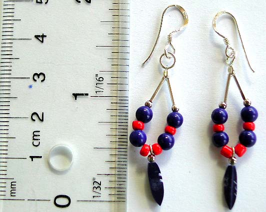 Rounded dark blue and red beads inlay loop shape pattern design sterling silver earring with a leaf pattern on bottom and fish hook for closure       
