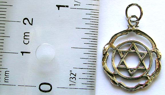 Sterling silver pendant in carved-out mystic double triangle in circle with wavy edge design
                  
