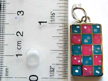 Multi blue and pink square pattern forming rectangular shape 925. sterling silver pendant with multi mini seashell stone embedded    
