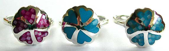Sterling silver ring with heart shape blue turquoise stone / blue or purple heart shape pattern with multi mini seashell stone forming flower decor at center, assorted color randomly pick


