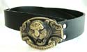 Black imitation leather belt with lion head metal buckle at center