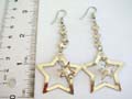 Fashion earring with mini chain holding carved-out double star pattern on bottom, fish hook back