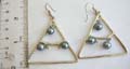 Fashion fish hook earring in carved-out triangle design with triple imitation pearl beads suspending in middle, assorted color randomly pick 