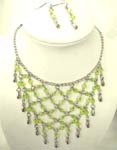 Fashion necklace and earring set, chain necklace with multi greenish rhinestone embedded web shape dangle pendant at center, beaded fish hook earring for match up 