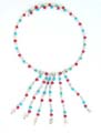 Fashion necklace with turquoise and agent beads, 6 dangles design at the center and each dangles holding a bell at the end