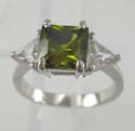 Olive cubic zirconia ring with clear cz stone beside, made rhodium plated in brass base