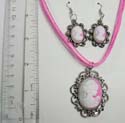 Fashion multi pink / white strings cameo pendant necklace with lobster claw clasp, paired with fashion cameo earrings