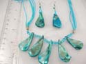 Fashion seashell jewelry set. Pearl-shaped aqua seashell pendant necklace with lobster clasp paired with same design fish hook earring 