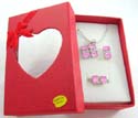 Jewelry fashion ring, necklace and stud earring box set with two oval pink cz holding multi mini clear cz stone at center design.