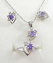 Fashion jewelry box set, silver plated necklace, stud earring and ring with purple cz flower design 